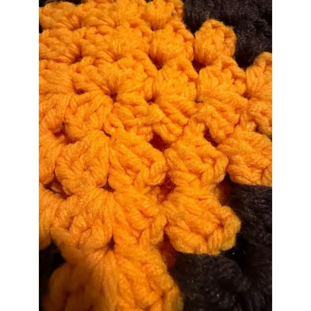 Crocheted Granny Square and Stripes Woolen Blanket Afghan Orange Handmade 78x54